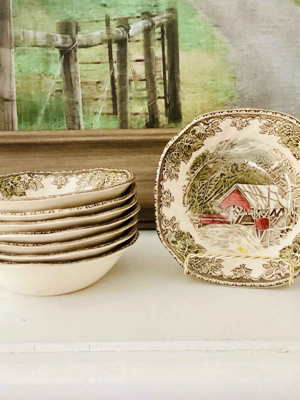 The Friendly Village Johnson Brothers bowls Set of 8 England The covered Bridge